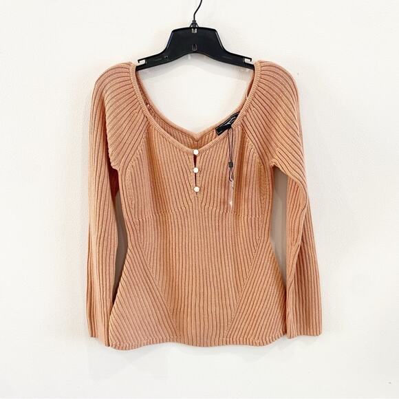 BCBGMAXAZRIA Merino Wool Blend Ribbed Off Shoulder Sweater Top Blush Sz M - Picture 2 of 8